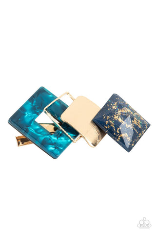 Geometrically Gatsby - Blue - Square Deco Gold Paparazzi Hair Clip