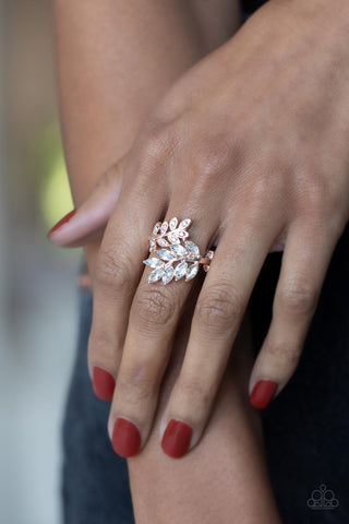 Glowing Gardenista - Rose Gold - White Iridescent Rhinestone Leafy Paparazzi Ring