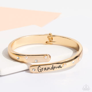 Gorgeous Grandma - Gold - White Pearl and Rhinestone "Grandma" Mother's Day Paparazzi Hinge Bracelet