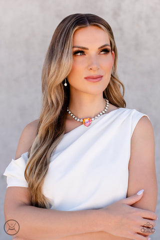 Heart in My Throat - Orange - Iridescent Heart Gem White Rhinestone Paparazzi Choker Necklace - October 2022 Life of the Party Exclusive