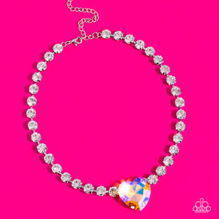 Heart in My Throat - Orange - Iridescent Heart Gem White Rhinestone Paparazzi Choker Necklace - October 2022 Life of the Party Exclusive