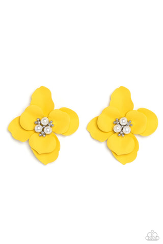 Jovial Jasmine - Yellow - Pearl Center Flower Paparazzi Post Earrings