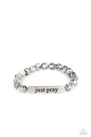 Just Pray - Silver - Gray Marbled Stone Bead Inspirational Religious Paparazzi Stretchy Bracelet