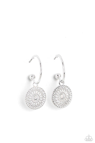 Mandala Maiden - Silver - Floral Filigree Disc Paparazzi Drop Hoop Earrings