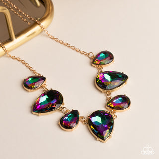 Otherworldly Opulence - Gold - Oil Spill Iridescent Teardrop Gem Paparazzi Short Necklace