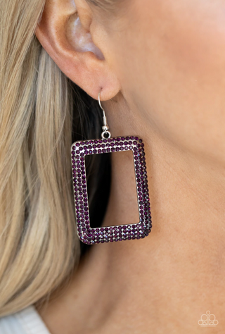 World FRAME-ous Purple Rhinestone Silver Rectangle Paparazzi Fishhook Earrings
