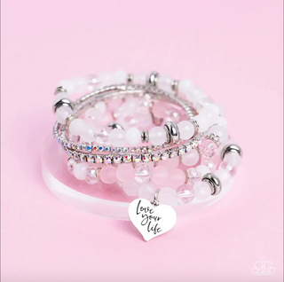 Optimistic Opulence - Pink and White Bead Inspirational "Love Your Life" Paparazzi Stretchy Bracelet - Empire Diamond Exclusive