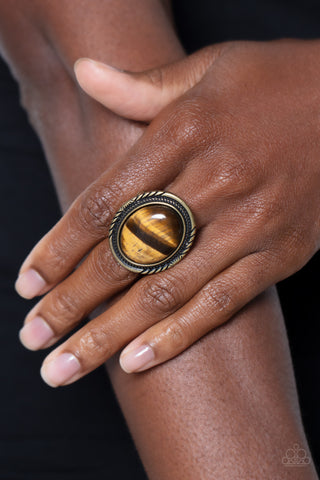 Stone Terrarium - Brass - Brown Oversized Oval Tiger's Eye Stone Paparazzi Ring