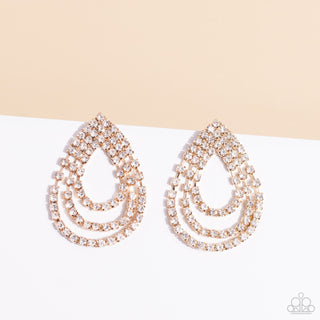 Take a POWER Stance - Gold - White Rhinestone Teardrop Paparazzi Post Earrings
