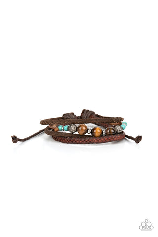 Tundra Tracker - Blue - Turquoise Stone and Tiger's Eye Leather Paparazzi Pull-Cord Urban Bracelet