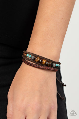 Tundra Tracker - Blue - Turquoise Stone and Tiger's Eye Leather Paparazzi Pull-Cord Urban Bracelet