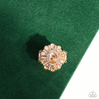GLIMMER and Spice - Gold - Champagne and White Rhinestone Paparazzi Ring - March 2023 Life of the Party Exclusive