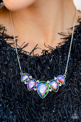 Regally Refined - Multi - Oil Spill Teardrop Rhinestone Paparazzi Short Necklace - November 2022 Life of the Party Exclusive