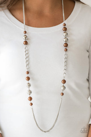 Uptown Talker - Brown - Pearl and Silver Bead Paparazzi Long Necklace